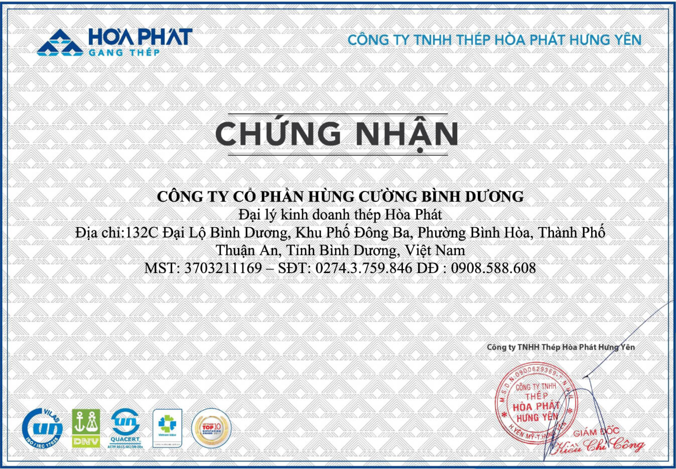 Chung Nhan Dai Ly Chinh Hang Sat Thep Hoa Phat